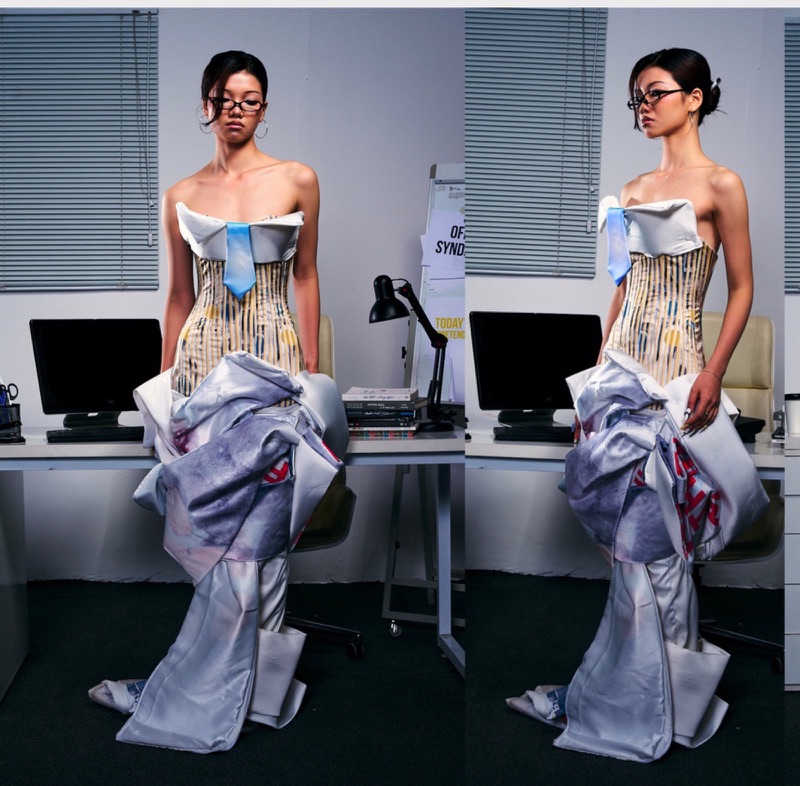 Auto-Pilot evening gown photoshoot in an office set with a handbag built from keyboard keys
